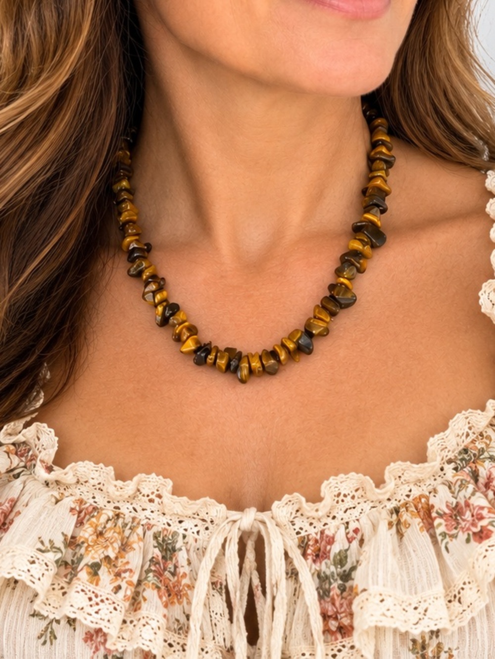 Vintage Natural Tiger’s Eye Chip Necklace Sterling 925 Clasp